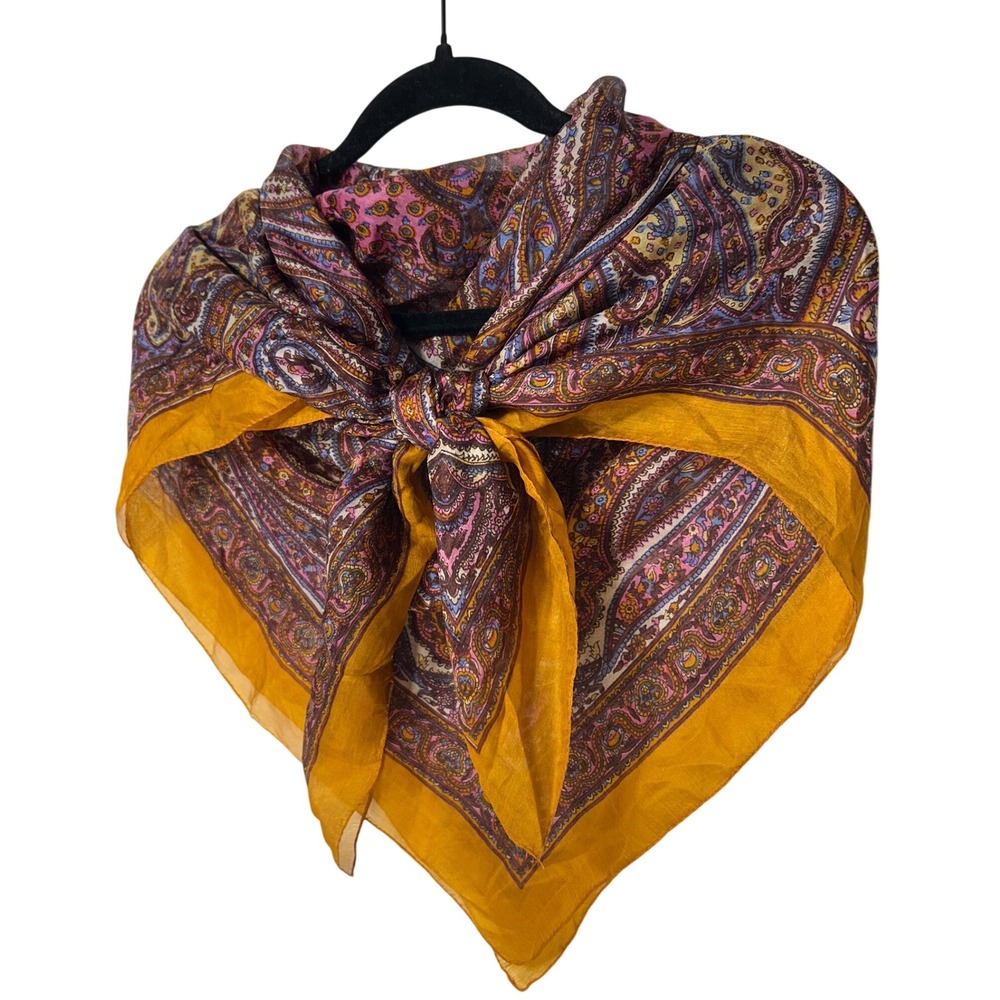 Vintage Bohemian Paisley Square Scarf Sheer Yellow Magenta Blue‎ 39" x 39"